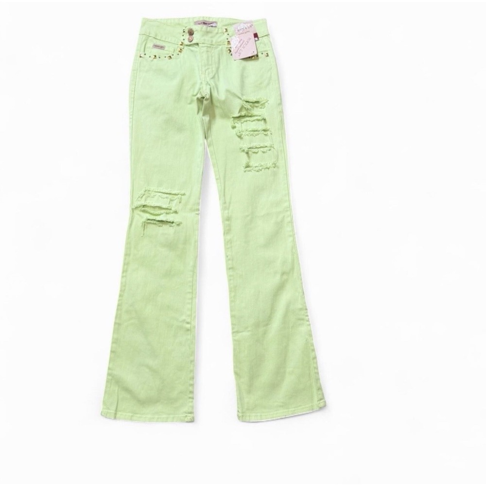 Y2K Neon Green Low Rise Ripped Flare Jeans, Women's‎ Size 3